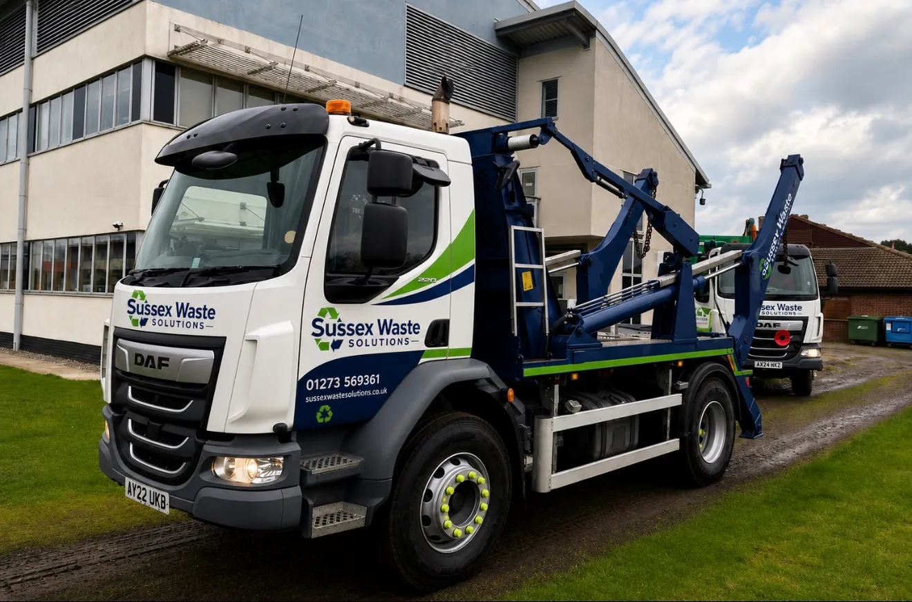 Two Sussex Waste Solutions trucks parked on grass near a building with overcast sky.