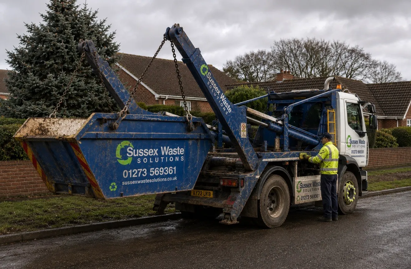 Worker operates a Sussex Waste Solutions blue skip loader truck parked on a wet residential street.