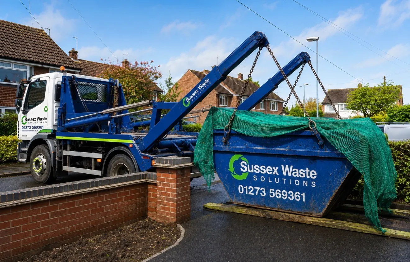 Blue Sussex Waste Solutions truck lifting a blue skip covered with green netting on a residential street.